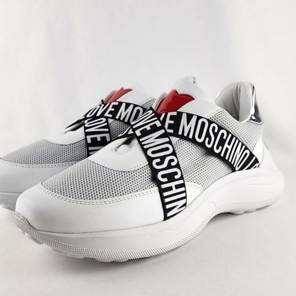 LOVE MOSCHINO Logo Women's White Chunky Slip On Sneakers Leather Logo Band Sz 38 - Picture 6 of 16